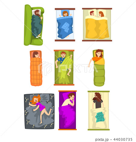 People sleeping set, man and woman sleeping in different positions on beds, sofas, sleeping bags 44030735