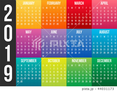 Creative vector illustration of 2019 year colorful calendar isolated on transparent background. Art 44031173