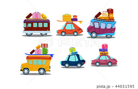 Flat vector set of colorful cars, buses and vans with luggage on roof. Theme of summer vacation or Flat vector set of colorful cars, buses and vans with luggage on roof. Theme of summer vacation or 44031595