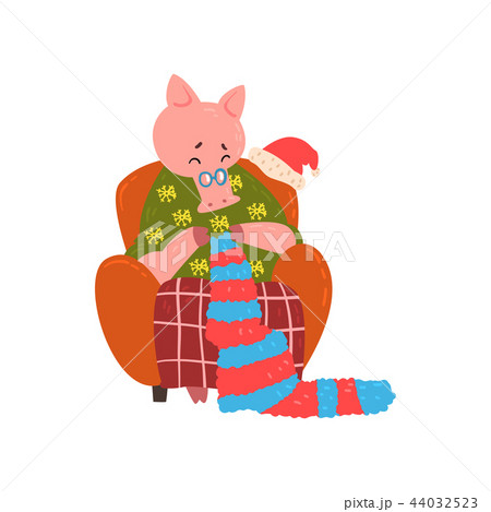 Cute pig grandmother character sitting in cozy armchair and knitting, Chinese symbol of New Year Cute pig grandmother character sitting in cozy armchair and knitting, Chinese symbol of New Year 44032523