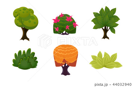 Summer plants set, cute cartoon fantasy bushes and trees, user interface assets for mobile apps or Summer plants set, cute cartoon fantasy bushes and trees, user interface assets for mobile apps or 44032940