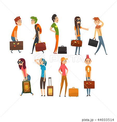 People carrying heavy suitcases set, young man and woman traveling on vacation cartoon vector 44033514