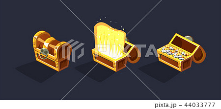 Treasure chest, open and closed antique boxes with coins, game user interface element for video Treasure chest, open and closed antique boxes with coins, game user interface element for video 44033777