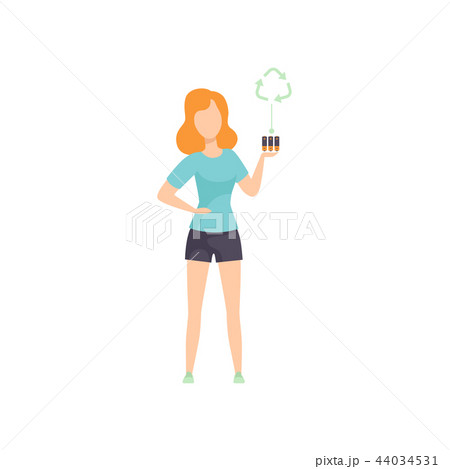 Young woman holding used batteries, people gathering, sorting waste for recycling vector 44034531