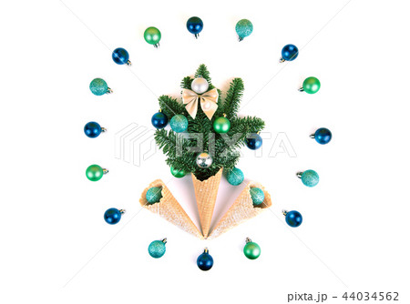 Waffle cone with fir branches isolated on white background. Waffle cone with fir branches isolated on white background. 44034562