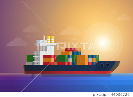 Cargo container ship transports containers at the blue ocean. Flat and solid color style vector 44036226