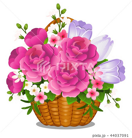 Basket filled with cut spring or summer flowers isolated on white background. Vector close-up 44037091