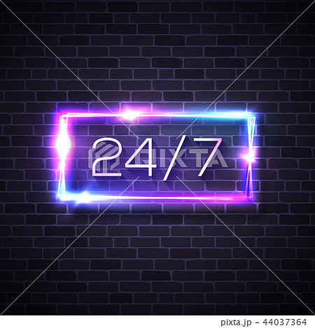 Neon sign 24 7 on brick wall background. Colorful vector illustration. 44037364