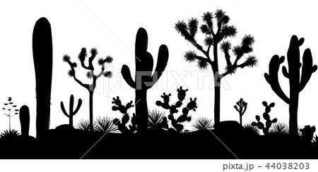 Desert seamless pattern with silhouettes of joshua trees, opuntia, and saguaro cacti. 44038203