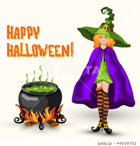 Witch, cauldron with poison and Halloween title 44039702