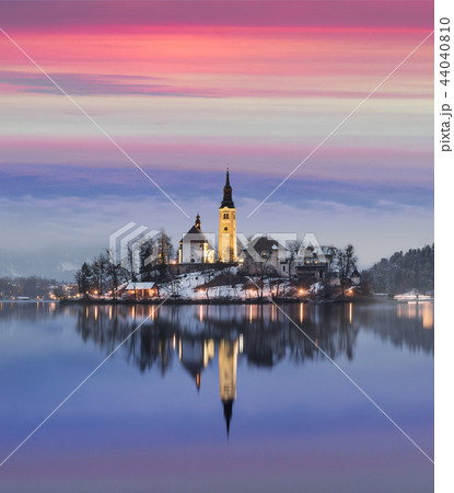 Amazing sunset at the lake Bled in winter, Slovenia. 44040810