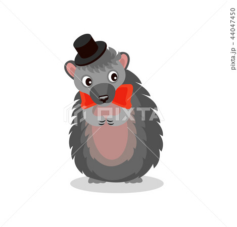 Hedgehog wearing black hat and red bow tie, cute animal cartoon character vector Illustration on a Hedgehog wearing black hat and red bow tie, cute animal cartoon character vector Illustration on a 44047450