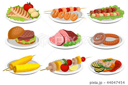 Grilled food set, delicious dishes for barbecue party menu, meat and vegetarian food vector 44047454