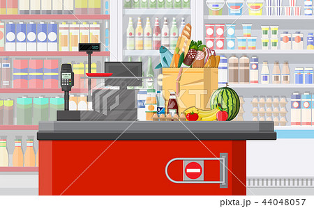 Supermarket store interior with goods. 44048057