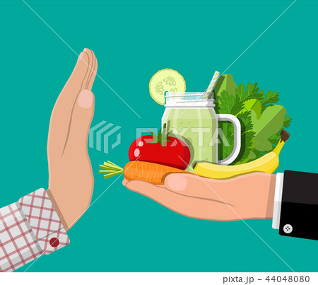 Man refuses take healthy food with hand gesture. Man refuses take healthy food with hand gesture. 44048080