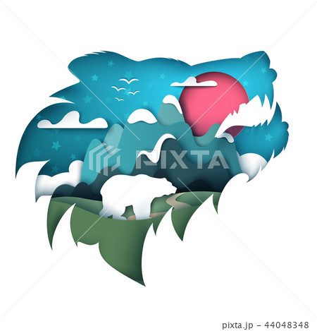 Cartoon paper landscape. Bear illustration. Cartoon paper landscape. Bear illustration. 44048348
