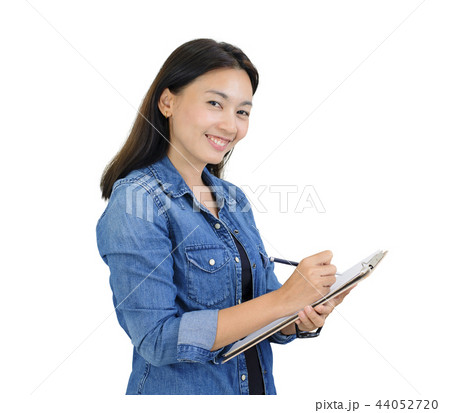 Asian women write note of orders. Isolate on white Asian women write note of orders. Isolate on white 44052720