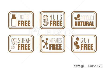 Vector set of 6 ingredient warning labels. Common allergens lactose, nuts, sugar, nitrates and soy 44055170