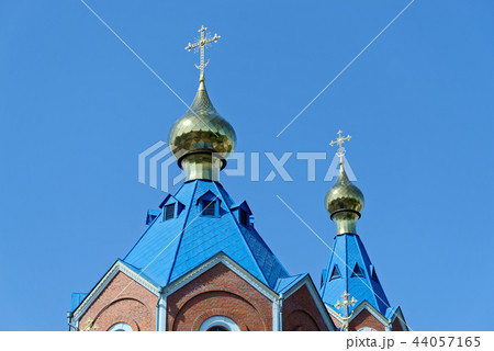 Blue roofs of Russian orthodox church against sky 44057165