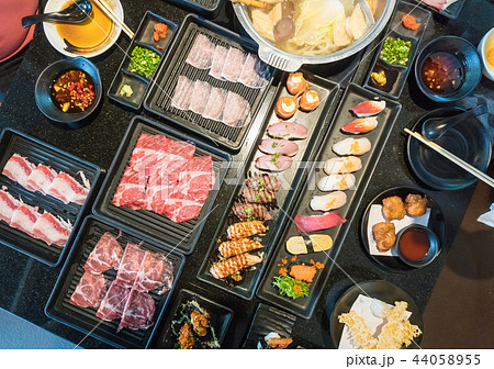 Close up set of japanese food shabu shabu sushi 44058955