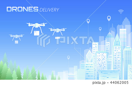 Drone box delivery ecology friendly city. Quadcopter remote control green energy. Eco business Drone box delivery ecology friendly city. Quadcopter remote control green energy. Eco business 44062005
