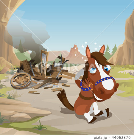 Cute poster in wild West style. Crazy horse with stars around the head sitting near with collapsed 44062370