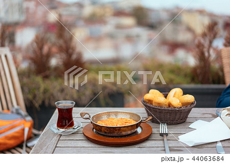Breakfast on the veranda in the background city view Breakfast on the veranda in the background city view 44063684