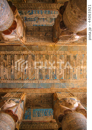 Beautiful interior of the temple of Dendera or the Temple of Hathor. Colorful zodiac on the ceiling 44063921