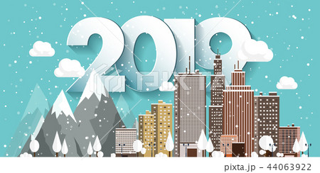 Vector illustration. 2019 winter urban landscape. City with snow. Christmas and new year. Cityscape 44063922