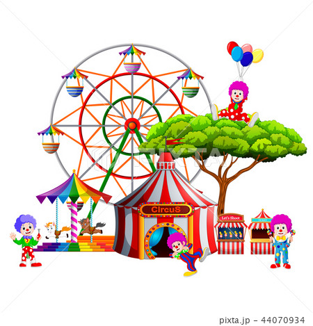 an awasome circus with so many clown around it 44070934
