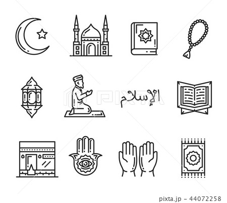 Muslim religion holy culture outline icons 44072258