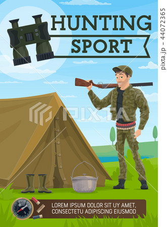 Hunter with rifle and tent, hunting sport vector 44072365
