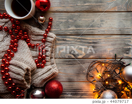 cozy holiday decor wood background fairy lights 44079717
