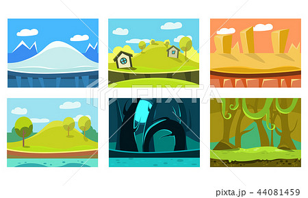 Flat vectoe set of 6 backgrounds for mobile game. Scenes with ice mountain, sandy desert, forest 44081459