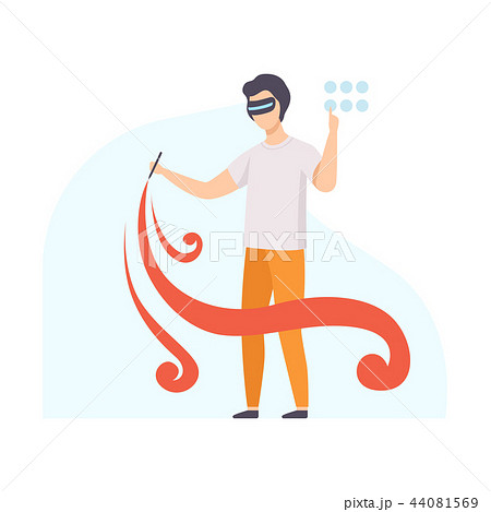 Man painting a picture wearing virtual reality digital glasses, guy using optical device for real 44081569