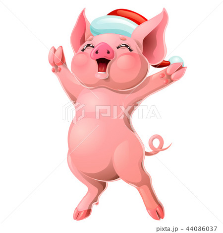 Joyful pink pig in cap on white 44086037