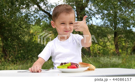 The child sits on the background of a green forest and eats barbecue with appetite. Outdoor The child sits on the background of a green forest and eats barbecue with appetite. Outdoor 44086157