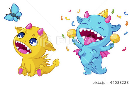 Cartoon monsters playing illustration of funny happy cute dinosaurs creatures play for kid birthday 44088228