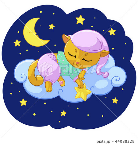 Kitty sleeping cartoon illustration of kitten dream sleep on cloud stars in pajama for kid T-shirt 44088229