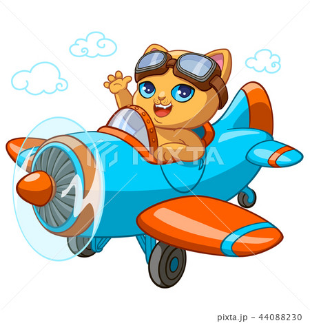 Kitty pilot cartoon illustration of kitten in toy airplane for kid birthday greeting card design 44088230