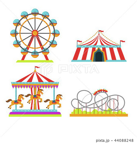 Amusement park illustration of attractions rides, circus tent, merry-go-round carousel and 44088248