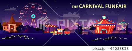 Amusement park cartoon illustration of carnival funfair at night with illumination of rides Amusement park cartoon illustration of carnival funfair at night with illumination of rides 44088338