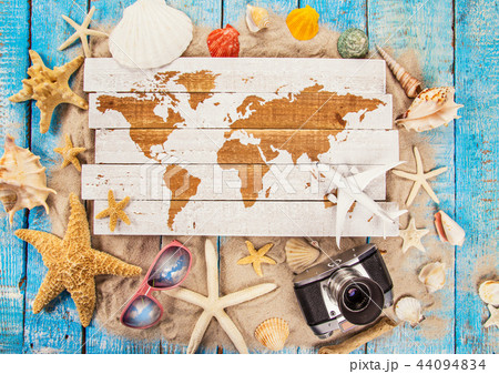 Summer traveling time. Sea holiday background with various shells. 44094834