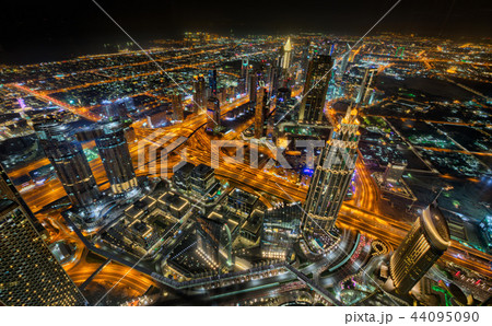 Dubai skyline during night with amazing city center lights and heavy road traffic,UAE. 44095090