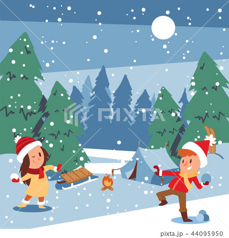 Christmas kids playing winter games skating, skiing, sledding, girl dresses up Christmas tree, boy 44095950