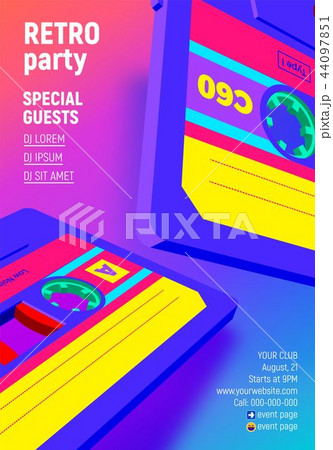Compact cassette poster with vibrant retro 80s styled party invitation 44097851