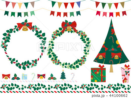 クリスマスリースとツリーとガーランドやプレゼント 飾りセットのイラスト素材