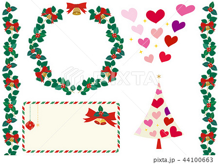 クリスマスリースとハートなクリスマスツリーや飾りセットのイラスト素材