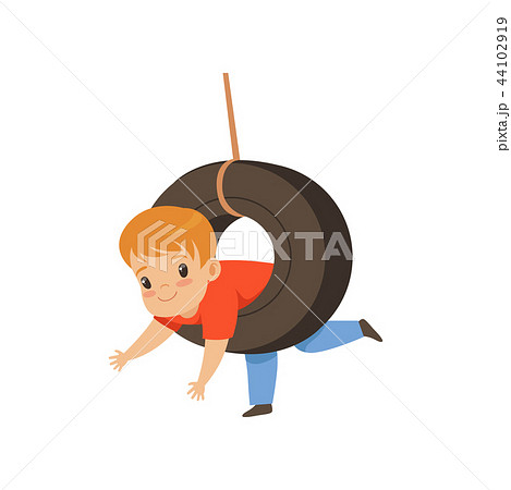 Cute boy riding swing made from tire, little kid having fun on a swing outdoor vector Illustration Cute boy riding swing made from tire, little kid having fun on a swing outdoor vector Illustration 44102919