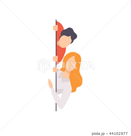 Young man and woman peeping from behind the wall vector Illustration on a white background 44102977